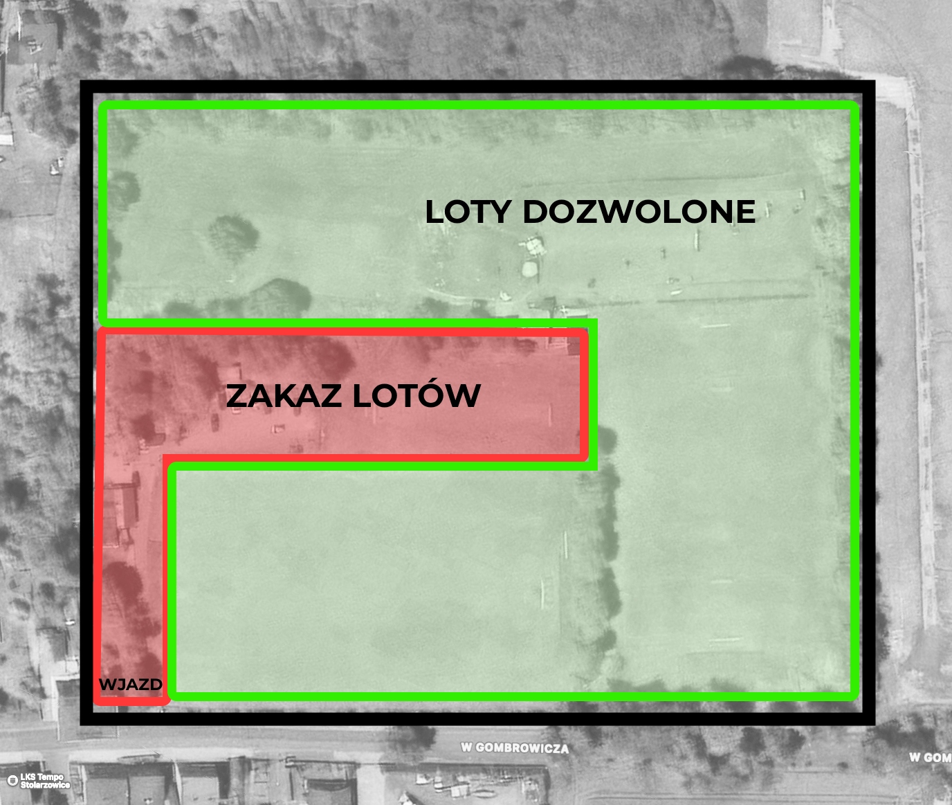 Mapa stref lotów na terenie LKS Tempo Stolarzowice — obszar zielony oznacza loty dozwolone, obszar czerwony przy wjeździe oznacza zakaz lotów